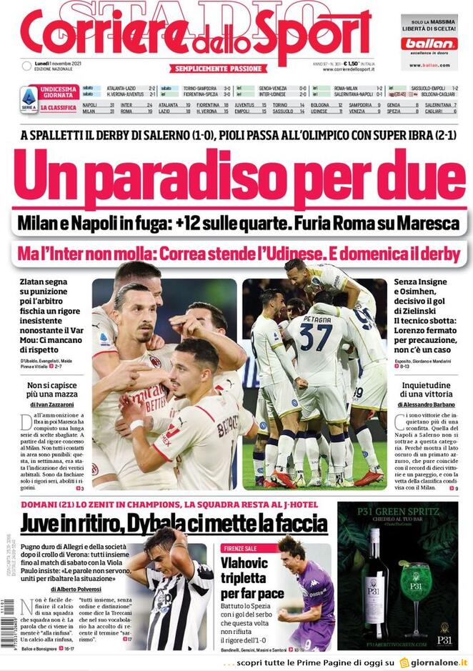 Corriere dello Sport, prima pagina del 1 novembre 2021