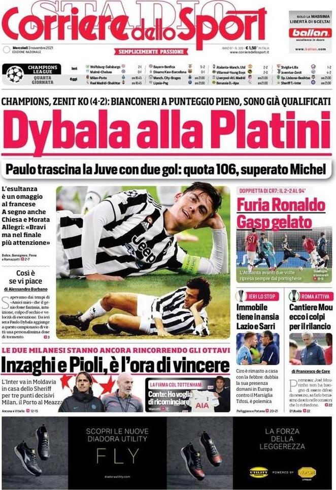 Corriere dello Sport, prima pagina del 3 novembre 2021