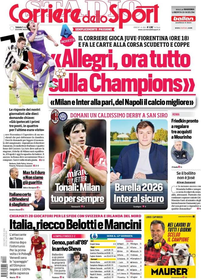 Corriere dello Sport, la prima pagina di oggi 6 novembre