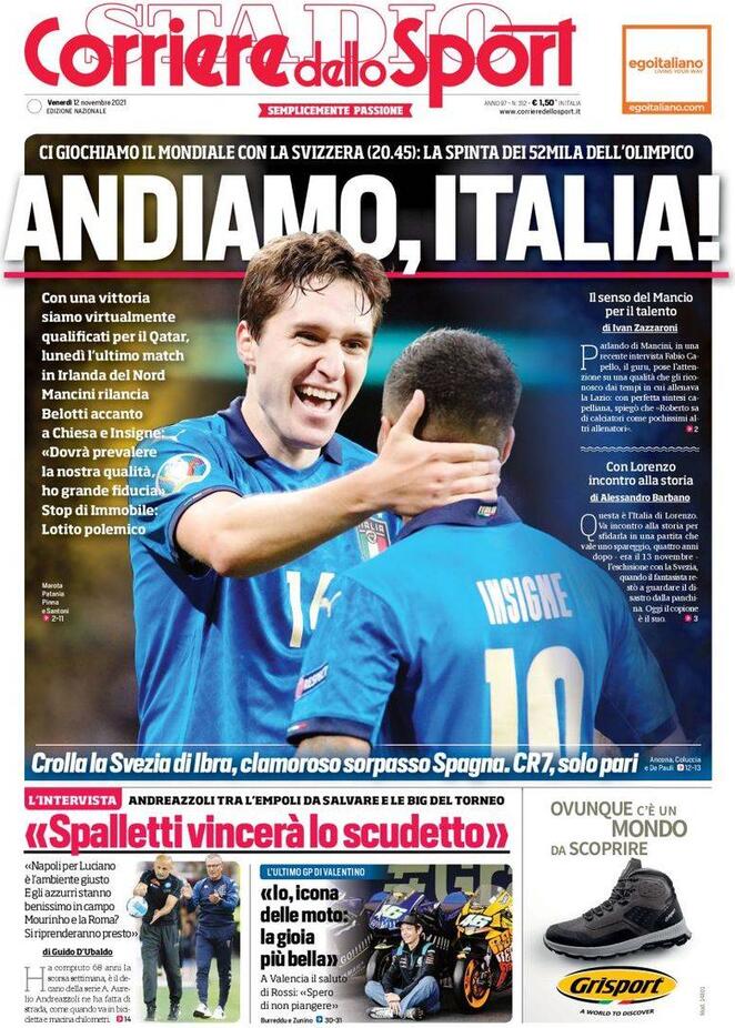 Corriere dello Sport, la prima pagina del 12 novembre 2021