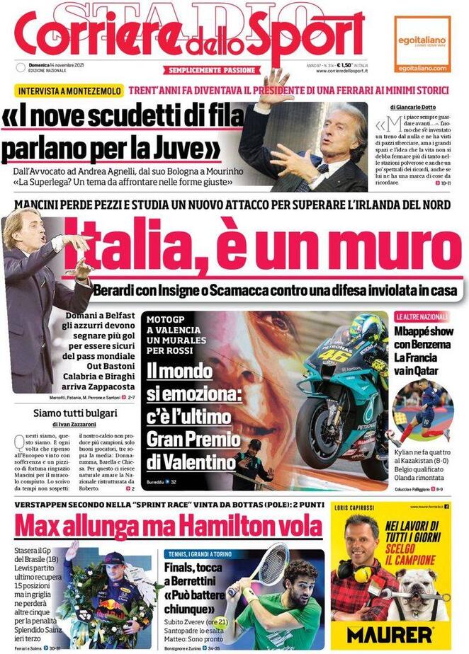 Corriere dello Sport, prima pagina 14 novembre 2021