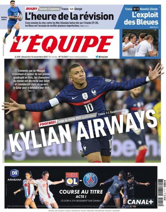 L'Equipe, prima pagina del 14 novembre 2021
