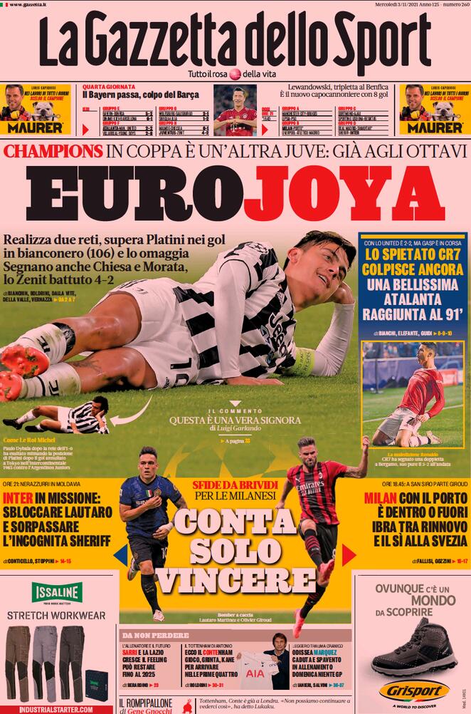 La Gazzetta dello Sport, prima pagina del 3 novembre 2021