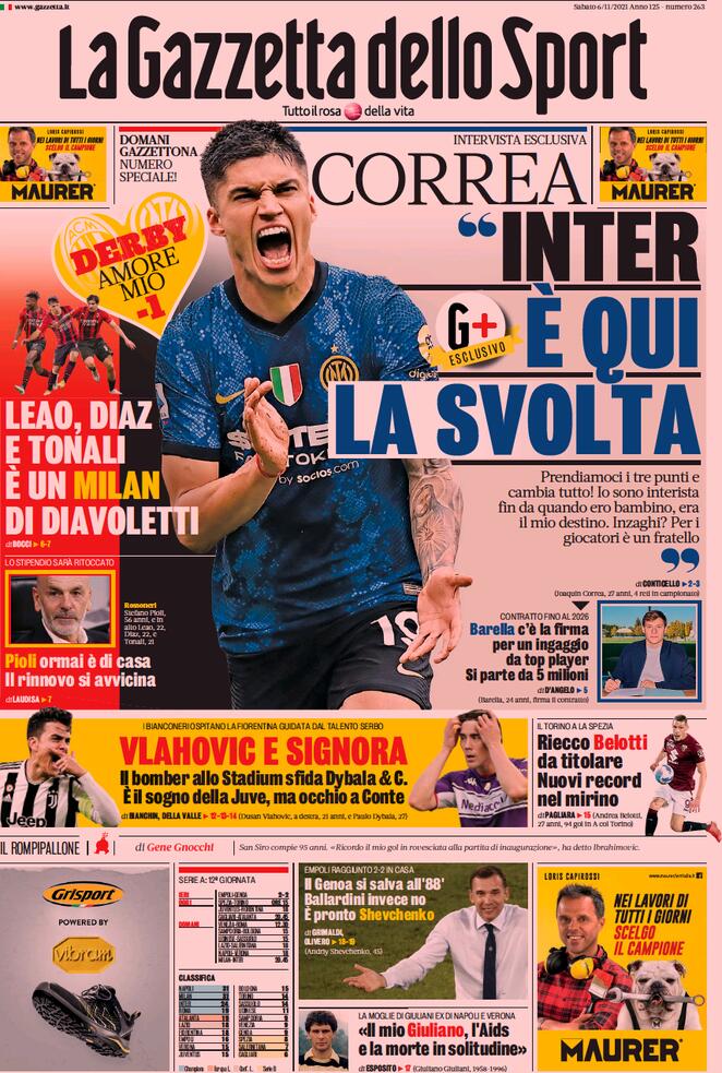 La Gazzetta dello Sport, la prima pagina di oggi 6 novembre