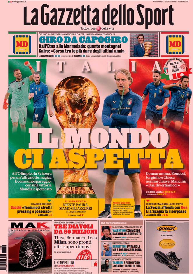 La Gazzetta dello Sport, prima pagina del 12 novembre 2021