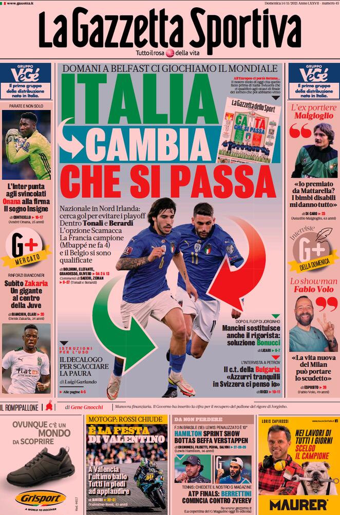 La Gazzetta dello Sport, prima pagina del 14 novembre 2021