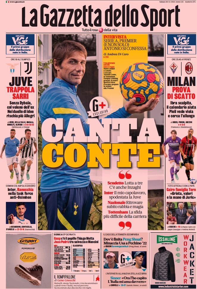 La Gazzetta dello Sport, la prima pagina di oggi 20 novembre