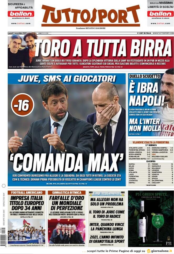 Tuttosport, prima pagina del 1 novembre 2021