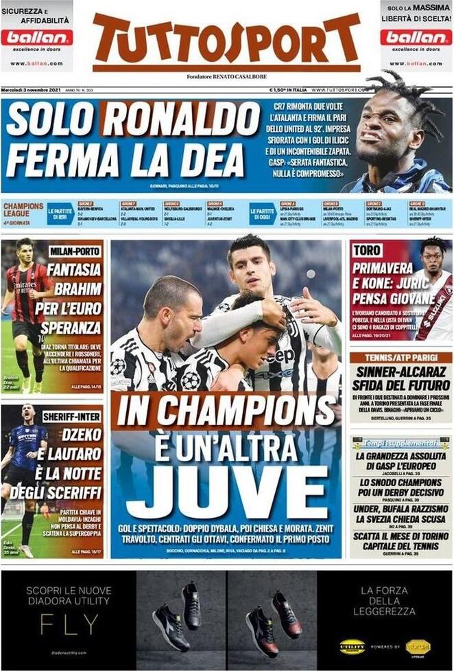 La rassegna stampa di Calciomercato.it vi propone i titoli principali sulla prima pagina di oggi, martedì 2 novembre 2021, di ‘TuttoSport’:
