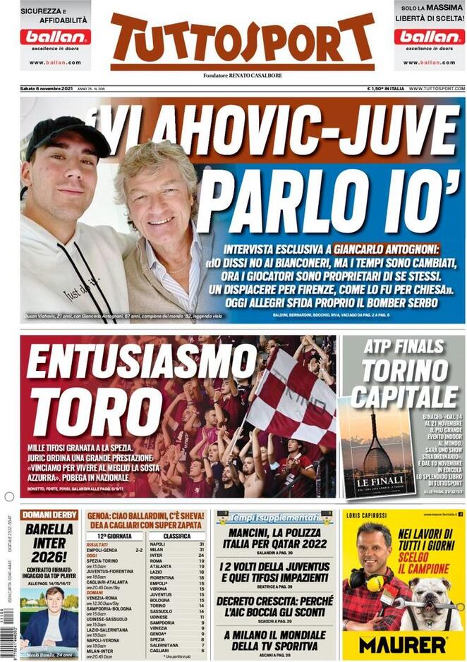 TuttoSport, la prima pagina di oggi 6 novembre 2021