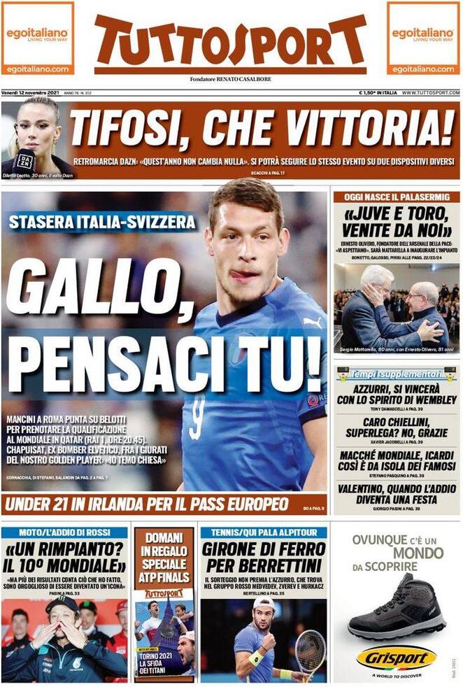Tuttosport, la prima pagina del 12 novembre 2021