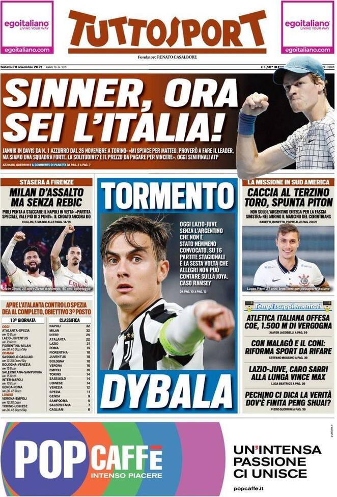 TuttoSport, la prima pagina di oggi 20 novembre 2021