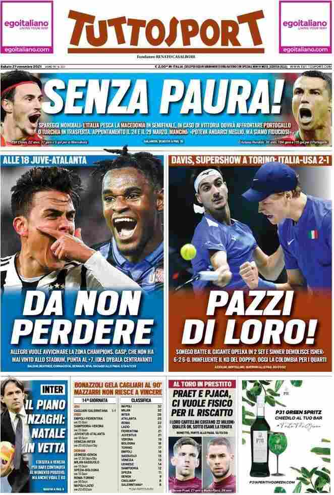 TuttoSport, la prima pagina di oggi 27 novembre 2021