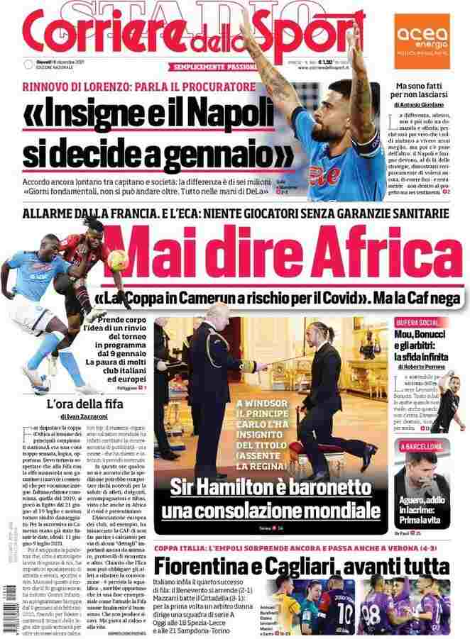 Corriere dello Sport, prima pagina del 16 dicembre 2021
