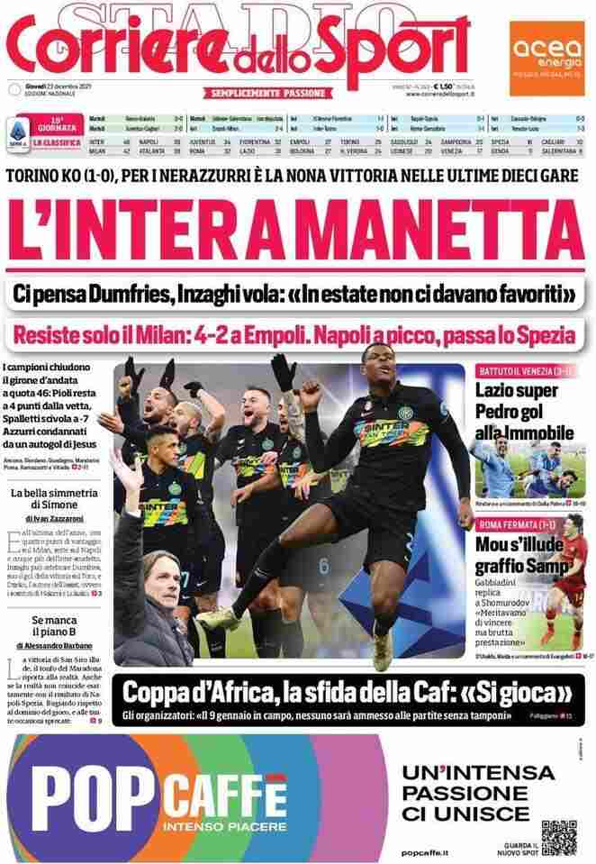 Corriere dello Sport, prima pagina del 23 dicembre 2021