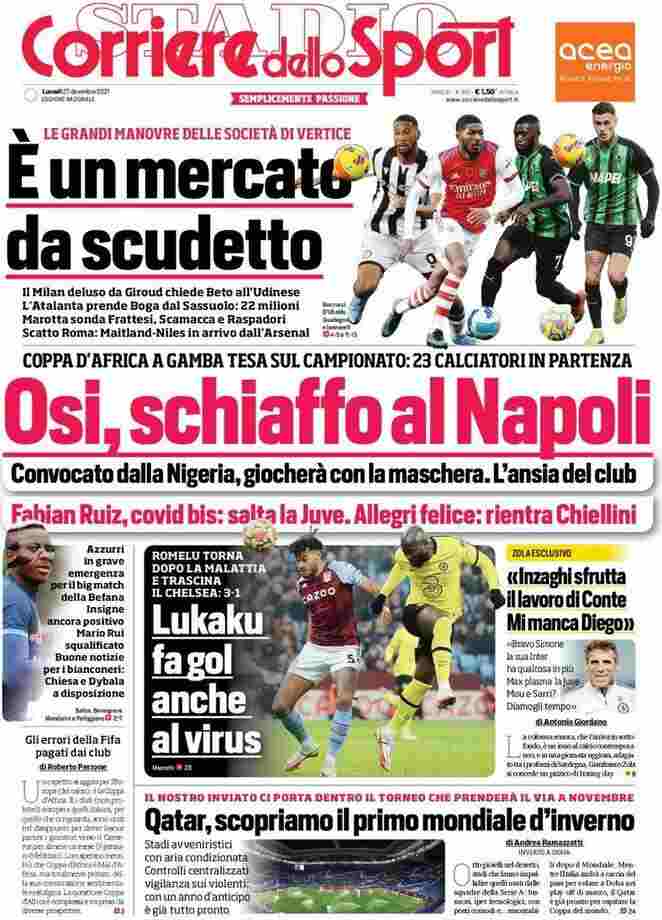 Corriere dello Sport, prima pagina del 27 dicembre 2021