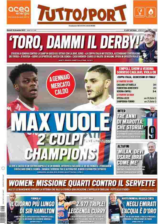 Tuttosport, la prima pagina del 16 dicembre 2021