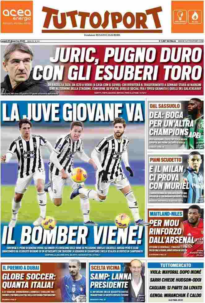 Tuttosport, prima pagina del 27 dicembre 2021