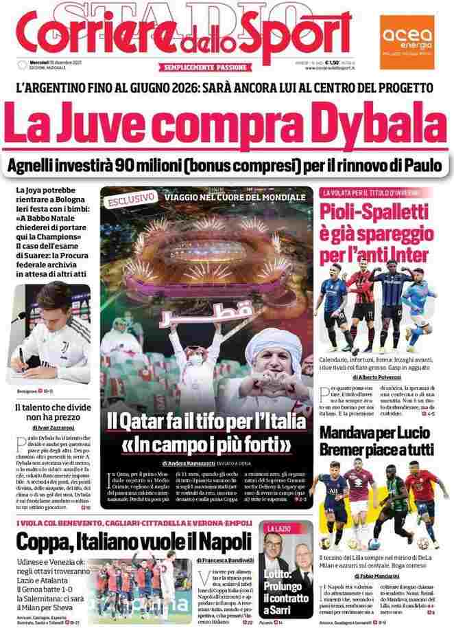 Corriere dello Sport, prima pagina del 15 dicembre 2021