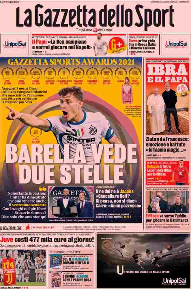 La Gazzetta dello Sport, prima pagina del 15 dicembre 2021