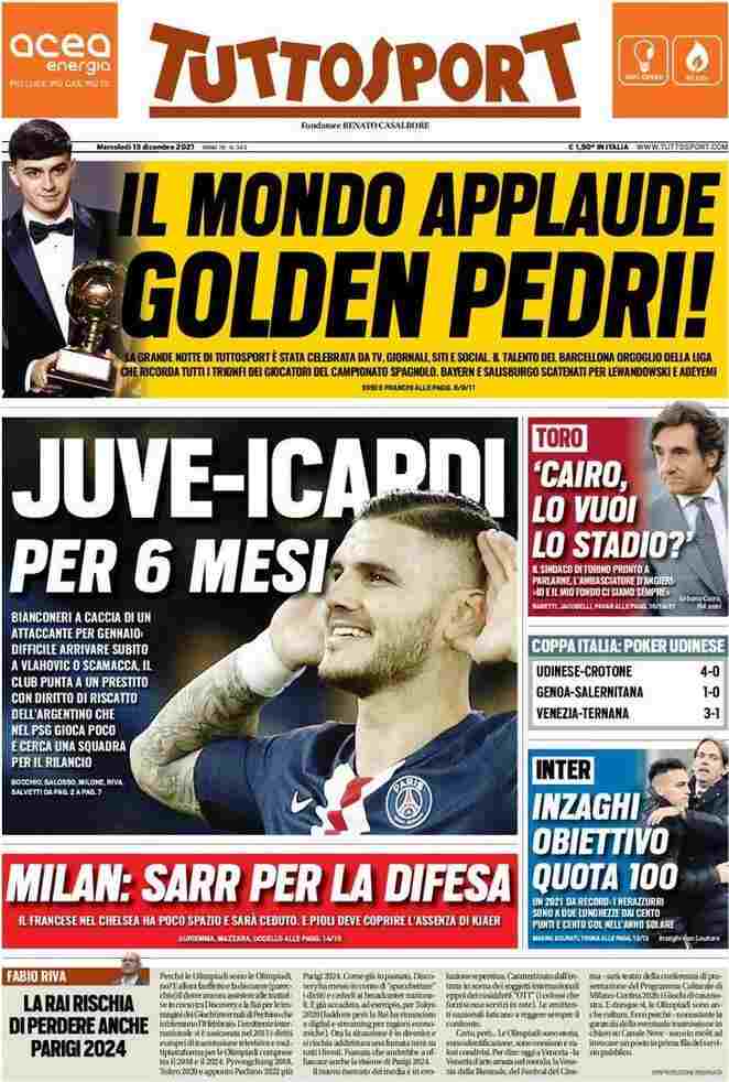 Tuttosport, prima pagina del 15 dicembre 2021
