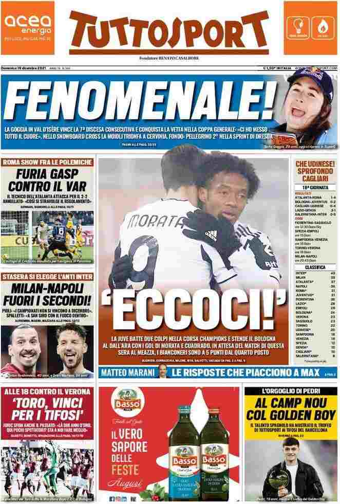 Tuttosport, prima pagina del 19 dicembre 2021