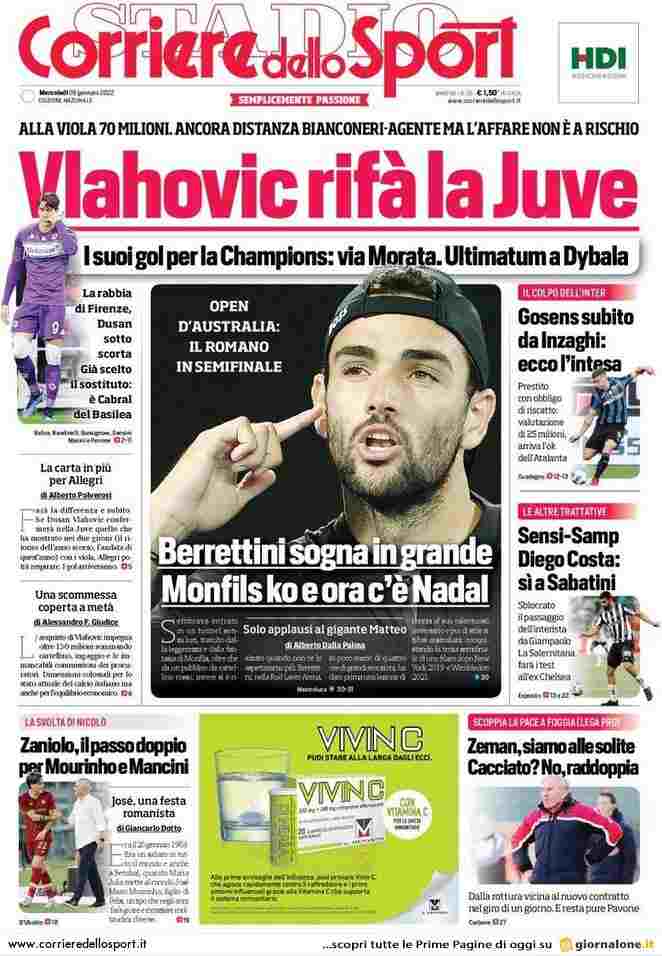 Corriere dello Sport, prima pagina del 26 gennaio 2022