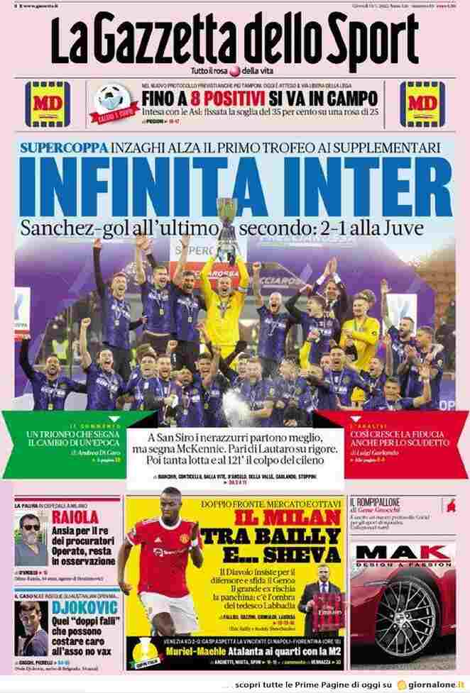 La Gazzetta dello Sport, prima pagina del 13 gennaio 2022