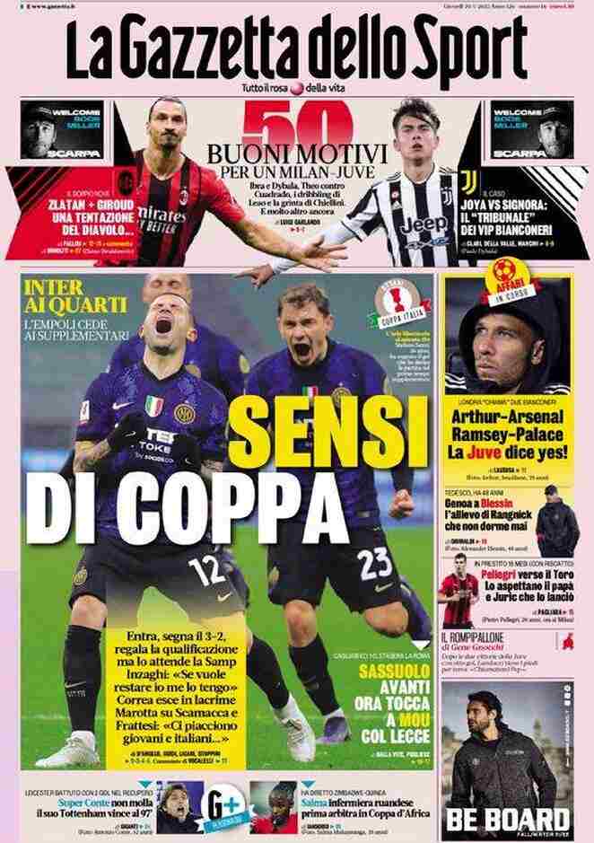 Gazzetta dello Sport, prima pagina del 20 gennaio 2022