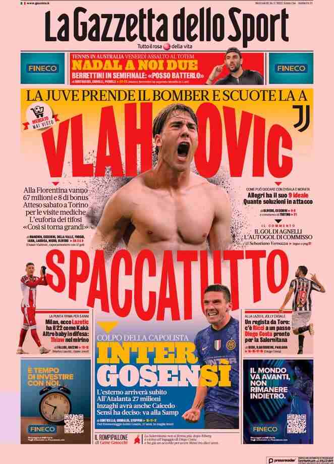 La Gazzetta dello Sport, prima pagina del 26 gennaio 2022