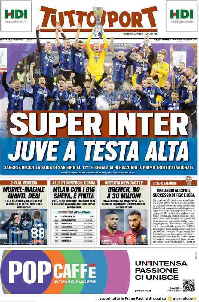 Tuttosport, la prima pagina del 13 gennaio 2022