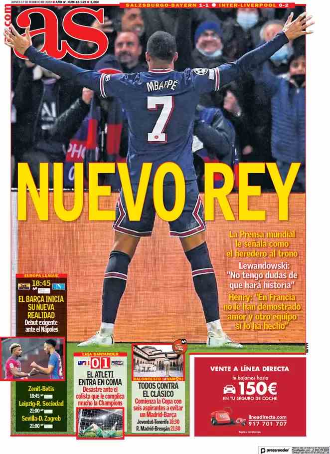 AS, la prima pagina del 17 febbraio 2022