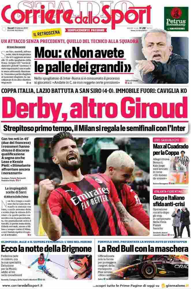 Corriere dello Sport, prima pagina del 10 febbraio 2022