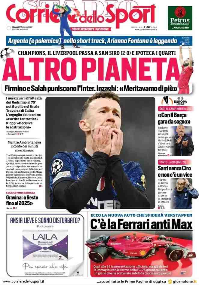 Corriere dello Sport, prima pagina del 17 febbraio 2022
