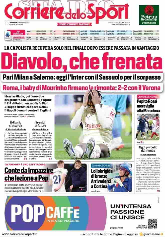 Corriere dello Sport, la prima pagina del 20 febbraio 2022