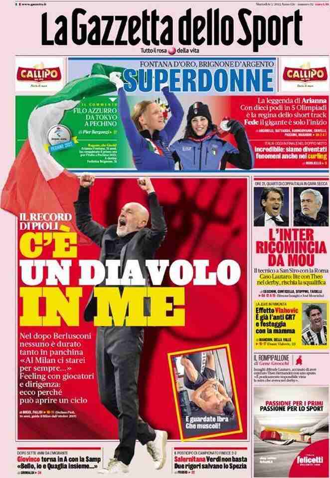 La Gazzetta dello Sport, prima pagina dell'8 febbraio 2022