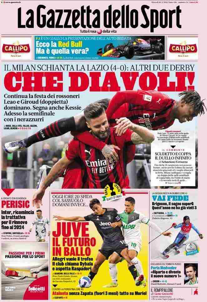 La Gazzetta dello Sport, prima pagina del 10 febbraio 2022