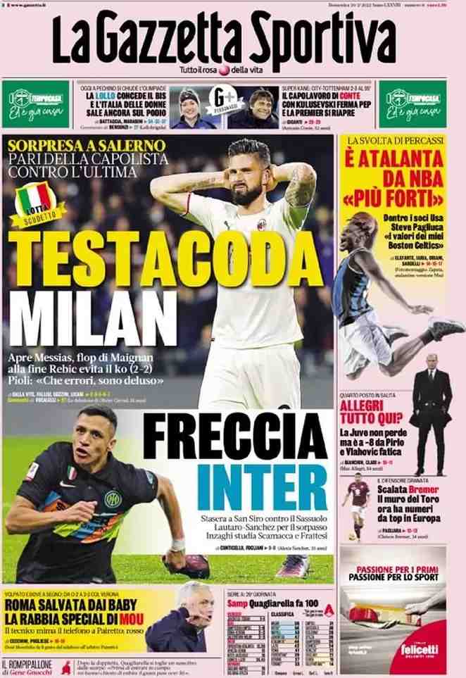Gazzetta dello Sport, prima pagina del 20 febbraio 2022