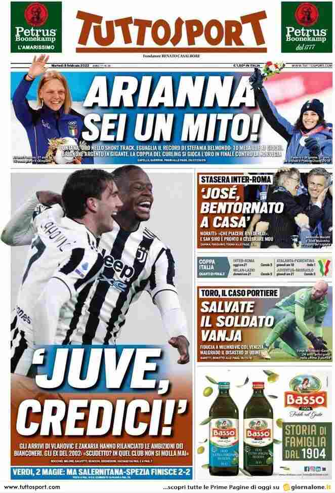 Tuttosport, prima pagina dell'8 febbraio 2022