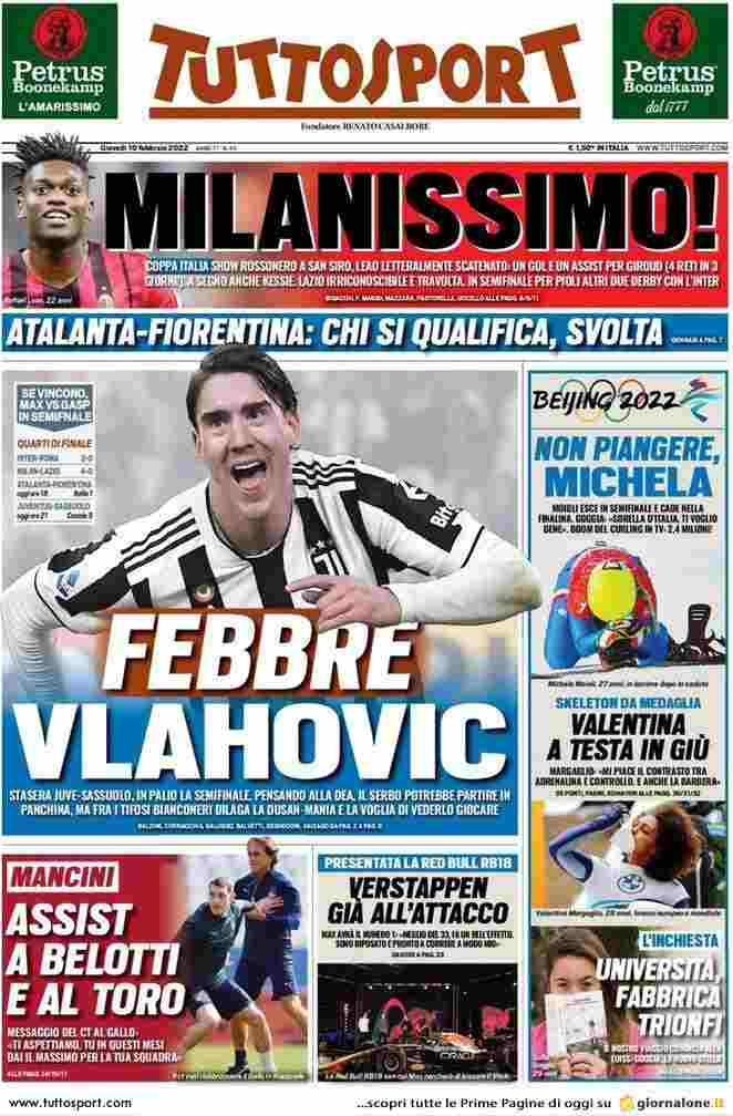 Tuttosport, la prima pagina del 10 febbraio 2022