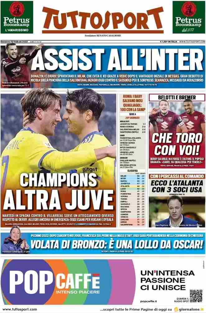 Tuttosport, prima pagina del 20 febbraio 2022