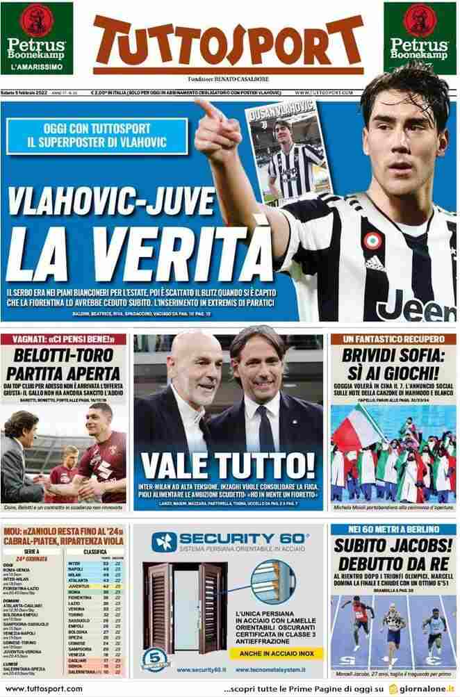 TuttoSport, la prima pagina del 5 febbraio 2022