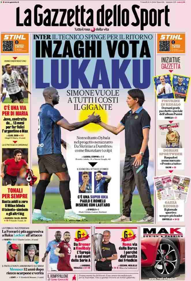 La Gazzetta dello Sport | Inzaghi vota Lukaku