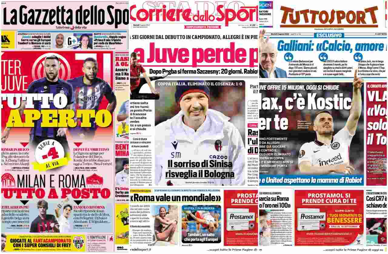 Rassegna Stampa, le prime pagine dei quotidiani sportivi del 9 agosto