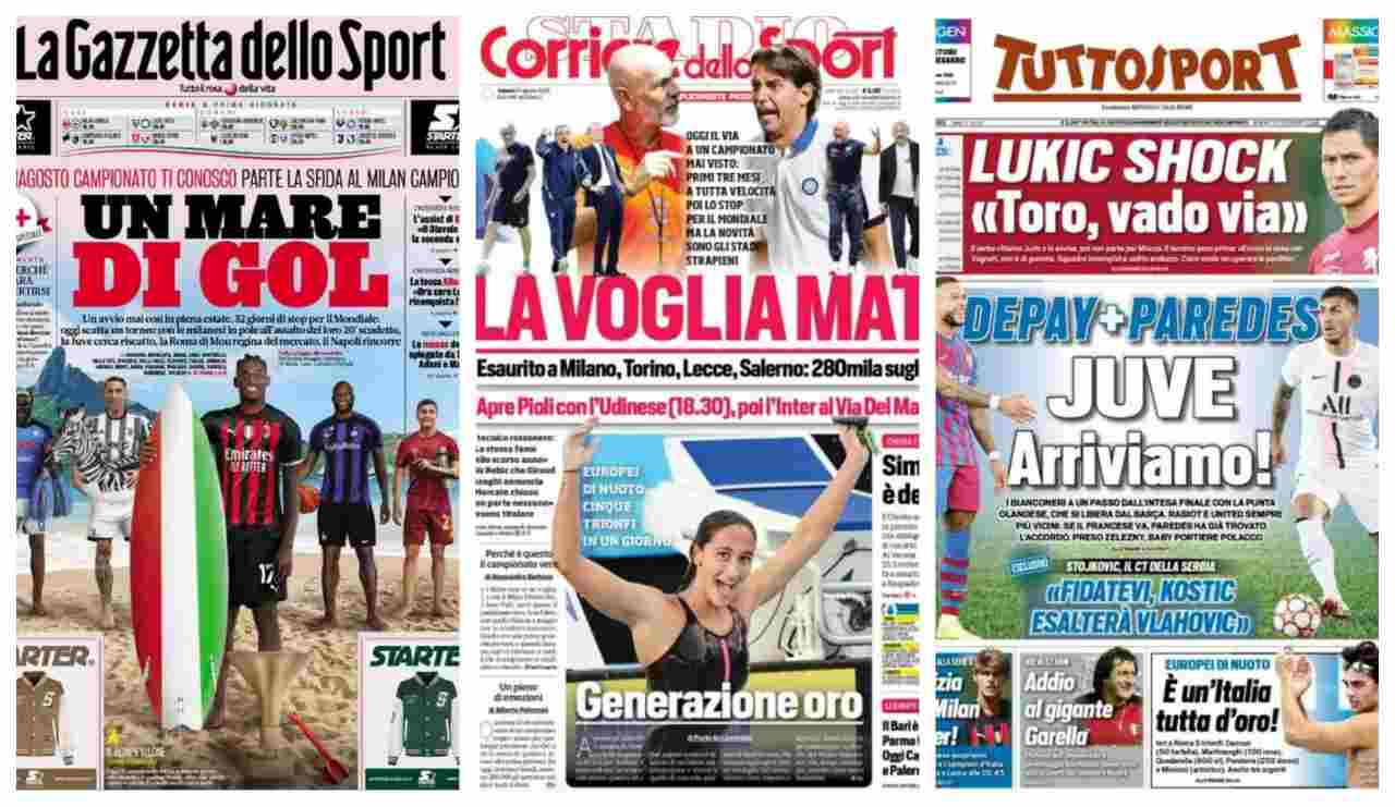 Rassegna Stampa, le prime pagine dei quotidiani sportivi del 13 agosto