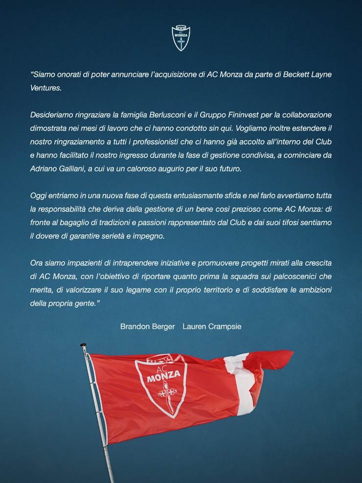 Il comunicato della cessione del Monza 