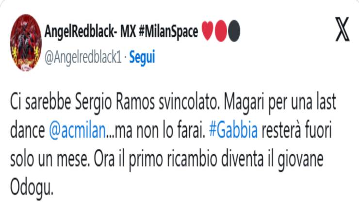 tweet tifoso Milan su Sergio Ramos
